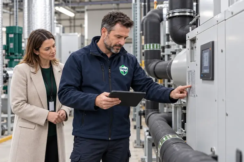 An assessor in TM44 workwear pointing out a plant-room control panel to a building manager