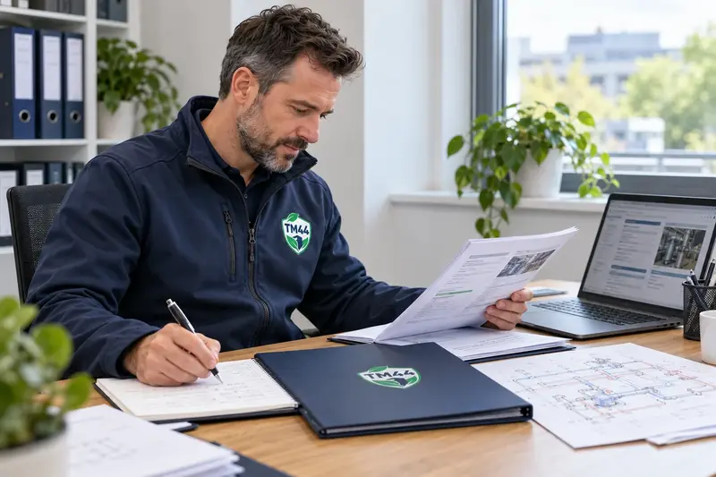 An assessor in TM44 workwear preparing an inspection report at a desk