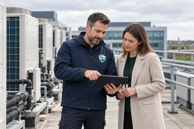 An assessor with a tablet walking a client through rooftop condensing units
