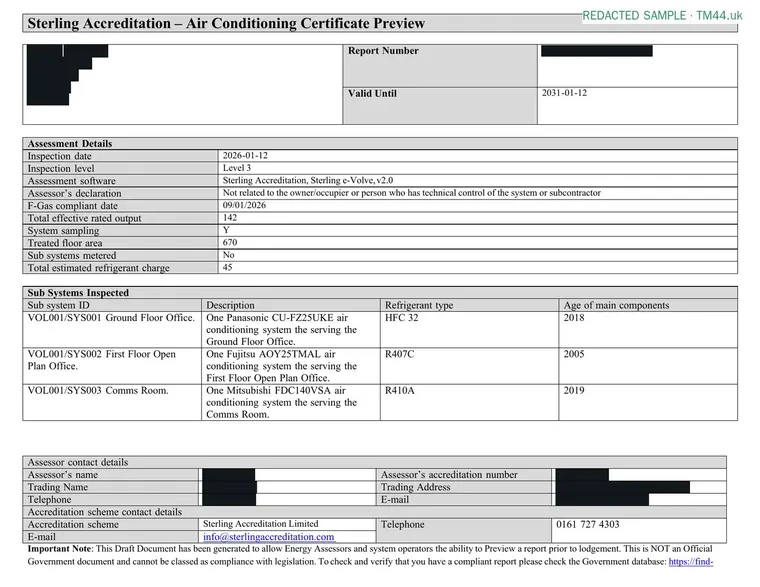 Redacted sample TM44 report: Certificate summary (pre-lodgement preview): report number, valid until date, total output and systems inspected