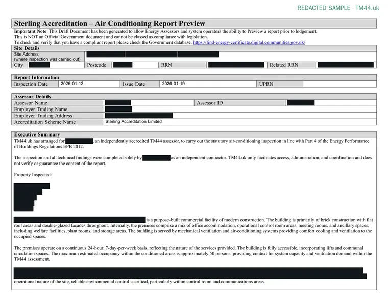 Redacted sample TM44 report: Cover page (pre-lodgement preview): site, report numbers, inspection and issue dates, assessor and accreditation scheme