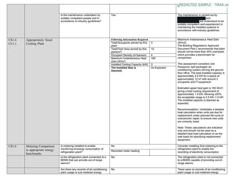Redacted sample TM44 report: Sizing assessment comparing installed capacity with the estimated cooling load