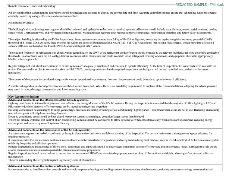 Redacted sample TM44 report: Key recommendations on efficiency, maintenance, controls and management