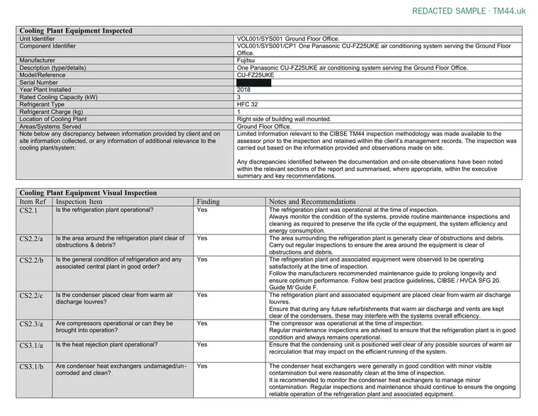 Redacted sample TM44 report: Cooling plant record and visual inspection checklist with findings and notes