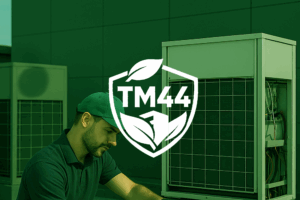 TM44 air conditioning inspection – certified engineer checking commercial HVAC unit for UK compliance.