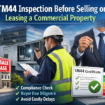 TM44 inspection being carried out on a commercial property before sale or lease, showing air conditioning compliance check, TM44 certificate and property sale signage