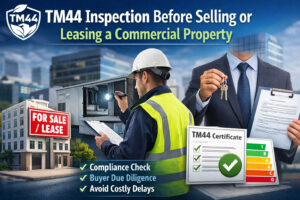 TM44 inspection being carried out on a commercial property before sale or lease, showing air conditioning compliance check, TM44 certificate and property sale signage
