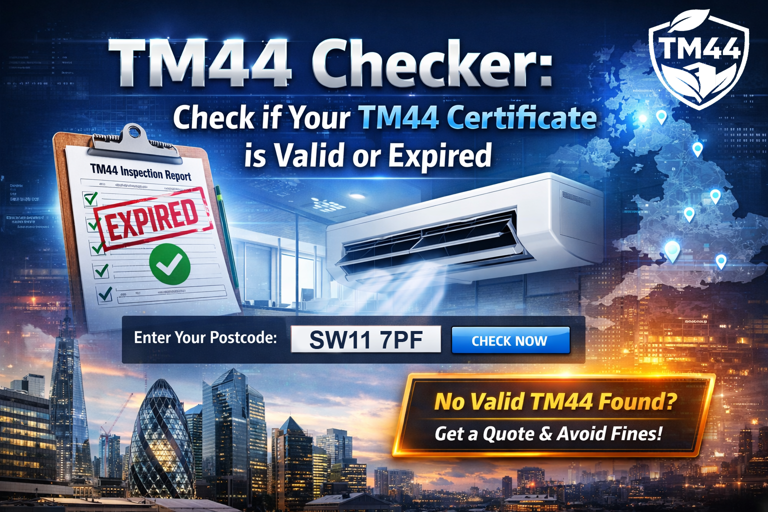 Check if your TM44 certificate is valid or expired using postcode search tool for UK air conditioning inspections.