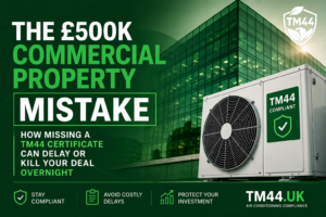TM44 blog image showing a commercial office building and air conditioning unit with the title The £500k Commercial Property Mistake.