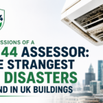 TM44 assessor blog image showing a dirty commercial air conditioning unit above a UK city skyline