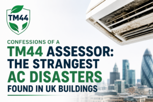 TM44 assessor blog image showing a dirty commercial air conditioning unit above a UK city skyline