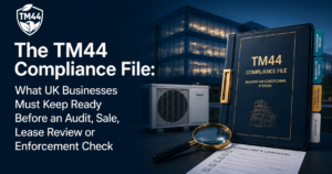 TM44 compliance file for UK businesses with air conditioning inspection records, audit evidence, lease review documents and enforcement check preparation