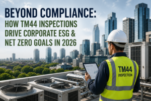 TM44 inspector reviewing rooftop air conditioning systems for corporate ESG and Net Zero reporting in 2026