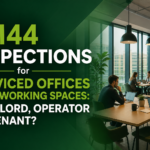 TM44 inspections for serviced offices and co-working spaces showing a modern flexible workspace with air conditioning compliance theme.