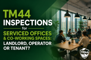 TM44 inspections for serviced offices and co-working spaces showing a modern flexible workspace with air conditioning compliance theme.