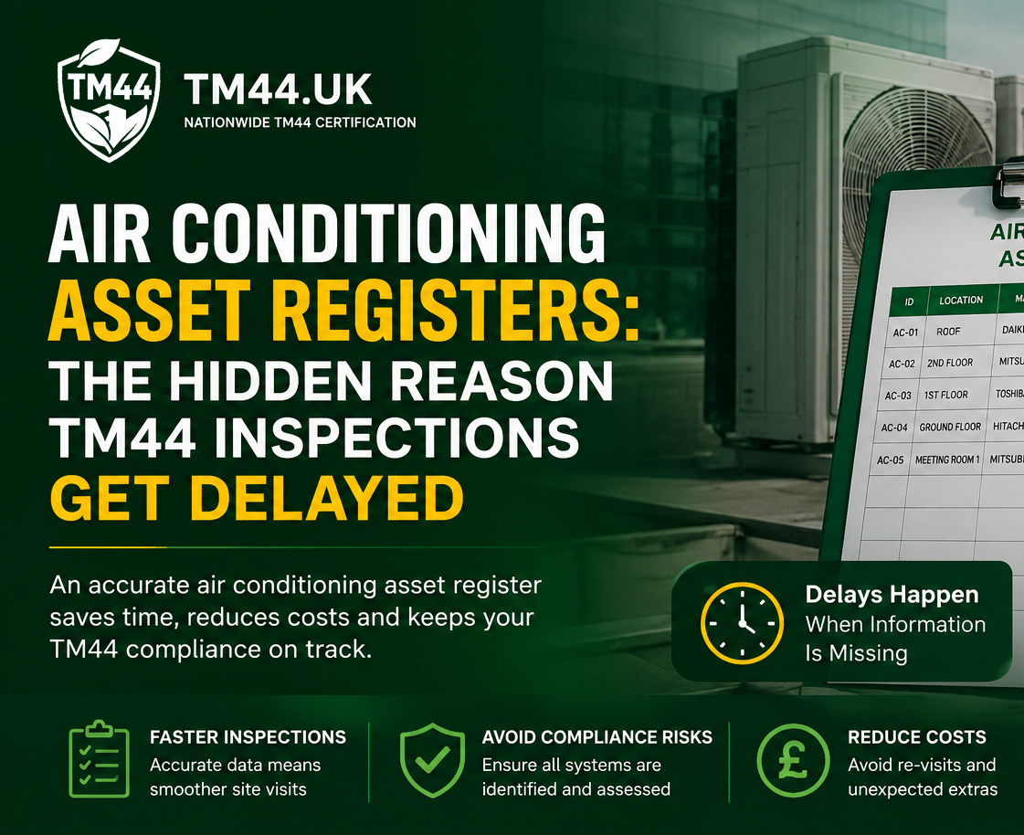 Air conditioning asset register showing commercial HVAC systems and explaining why missing records can delay TM44 inspections.